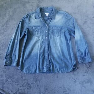 Chicos Button Down Shirt Size 2 Large 12 Denim Chambray Pockets Lightweight